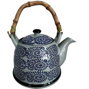 Iga Ware Handcrafted Ceramic Teapot Bamboo Handle Blue White Swirl Design Vtg
